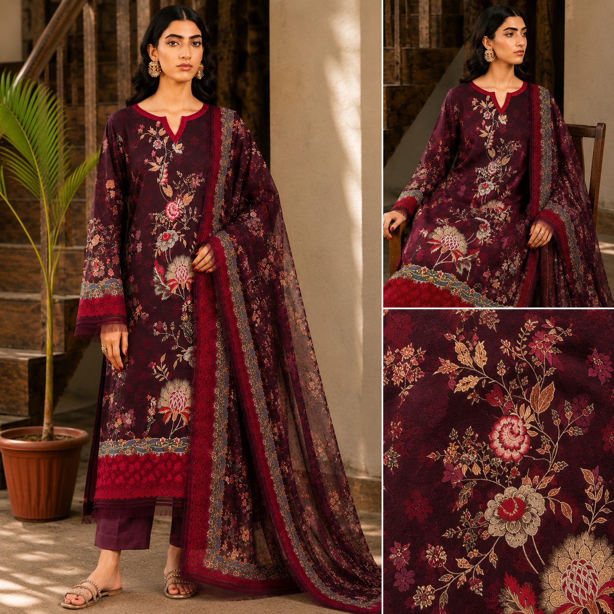 Red and burgundy rayon cotton suit